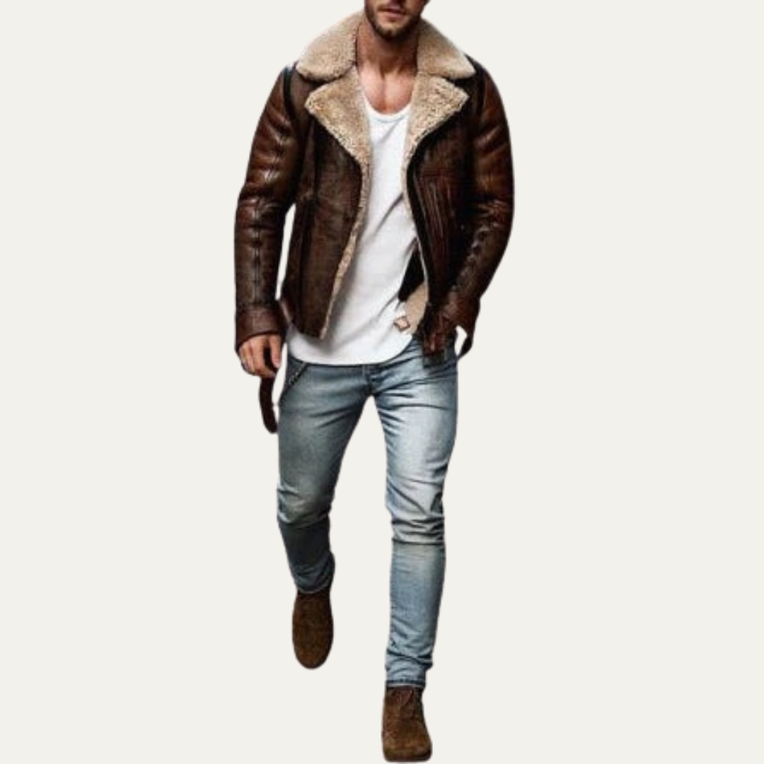 Men's Tough Leather Aviator Coat with Adjustable Waist