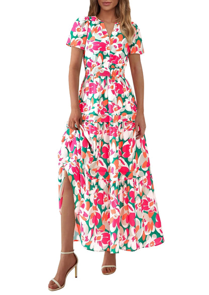 Casual Floral V Neck Flowy Beach Maxi Dress