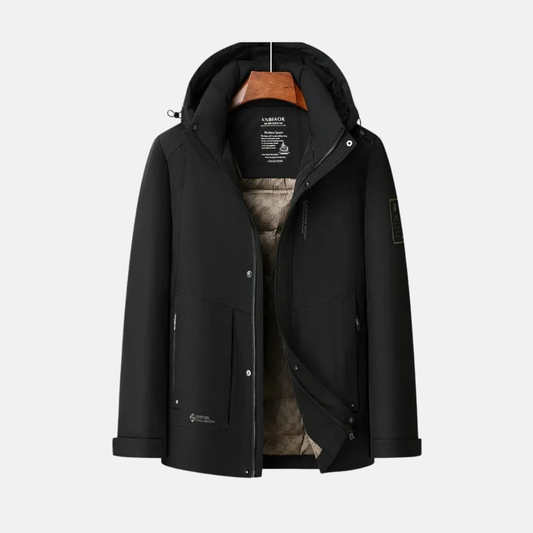 Warm Men's Puffer Coat with Hood and Zip Front - OutfitLondon