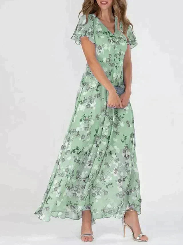 Elegant Floral V Neck Maxi Dress