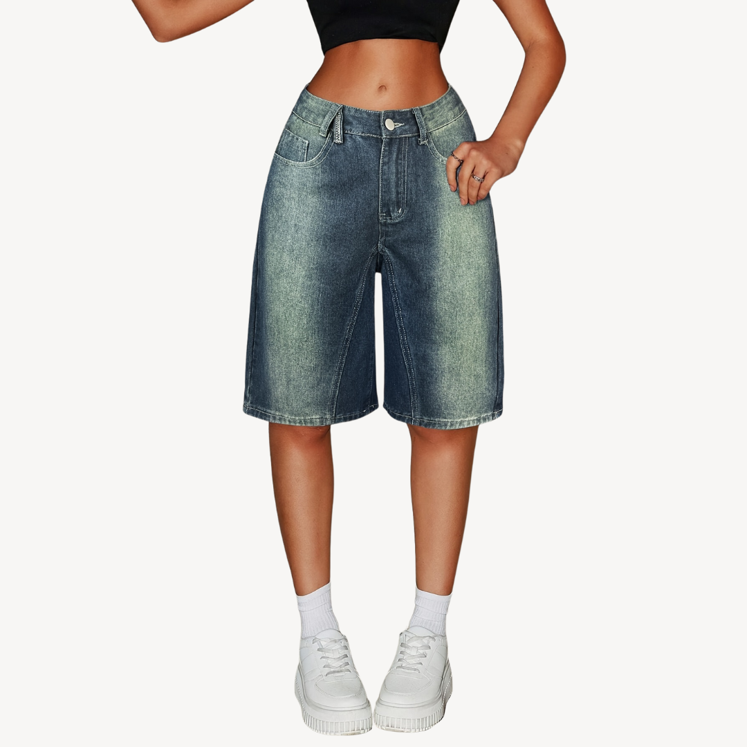 Women's Retro Blue Bermuda Shorts - Classic & Cozy - OutfitLondon