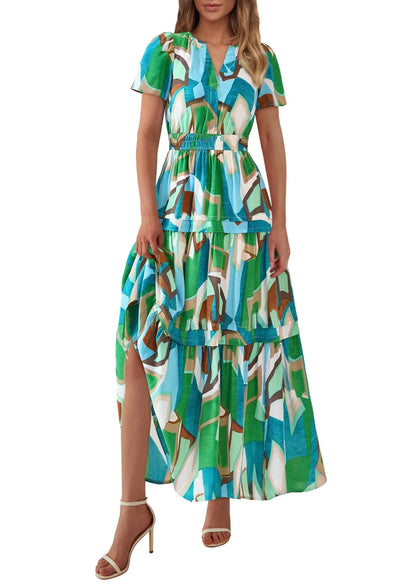 Casual Floral V Neck Flowy Beach Maxi Dress