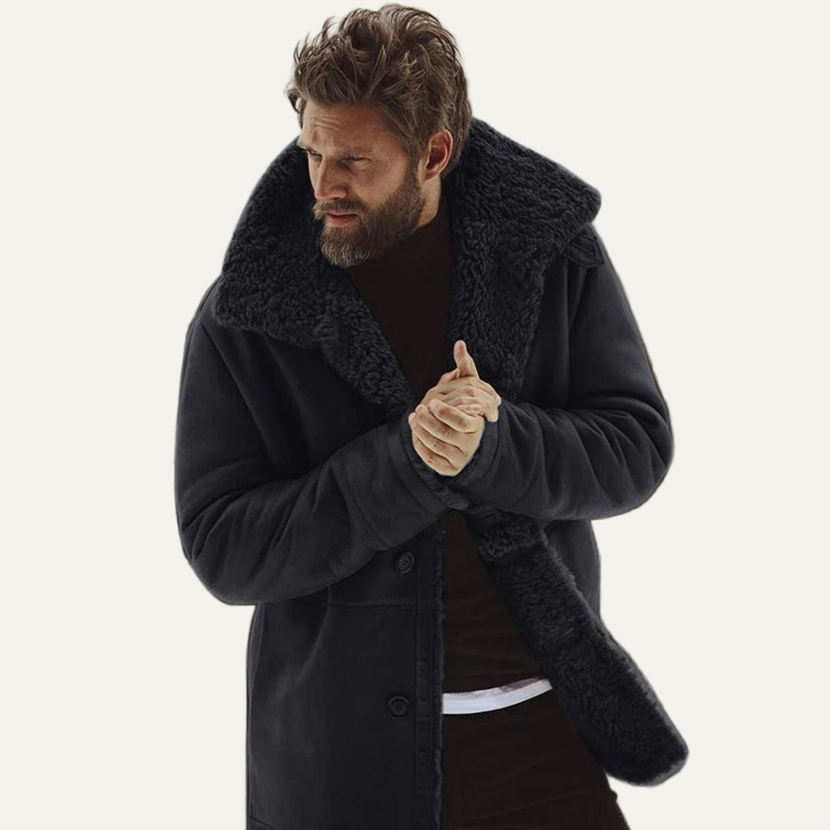 Men's Faux Suede Overcoat with Warm Shearling Inside - OutfitLondon
