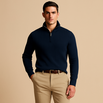 Textured Crew Neck Half Zip Sweater for Men