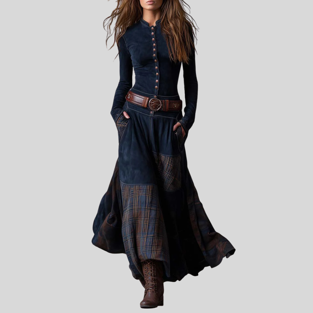 Classic Suede Plaid Maxi Dress - OutfitLondon