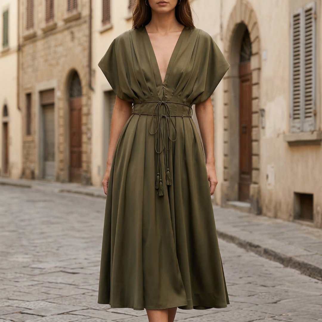 Casual Fit V Neck Floral Midi Dress for Women - OutfitLondon