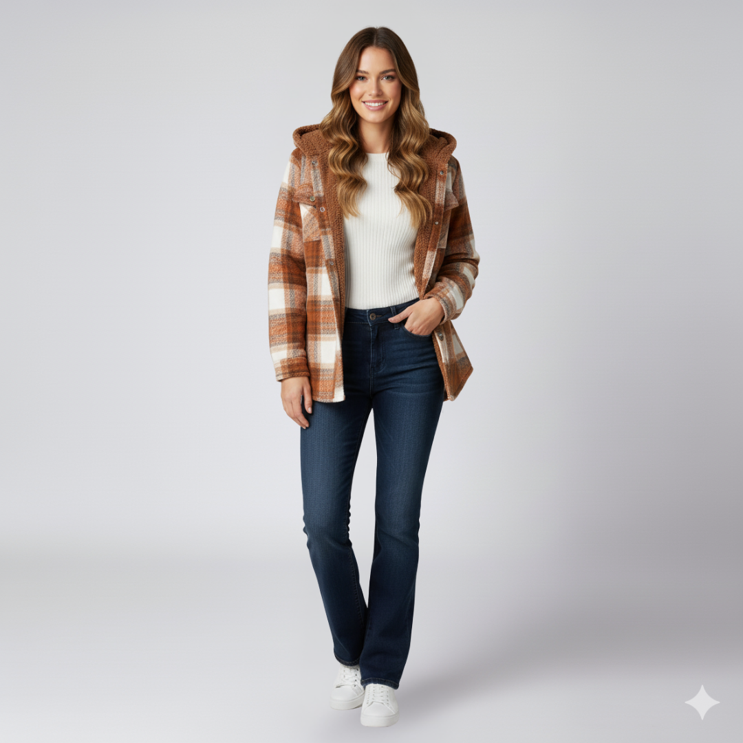 Warm Hooded Plaid Jacket for Women
