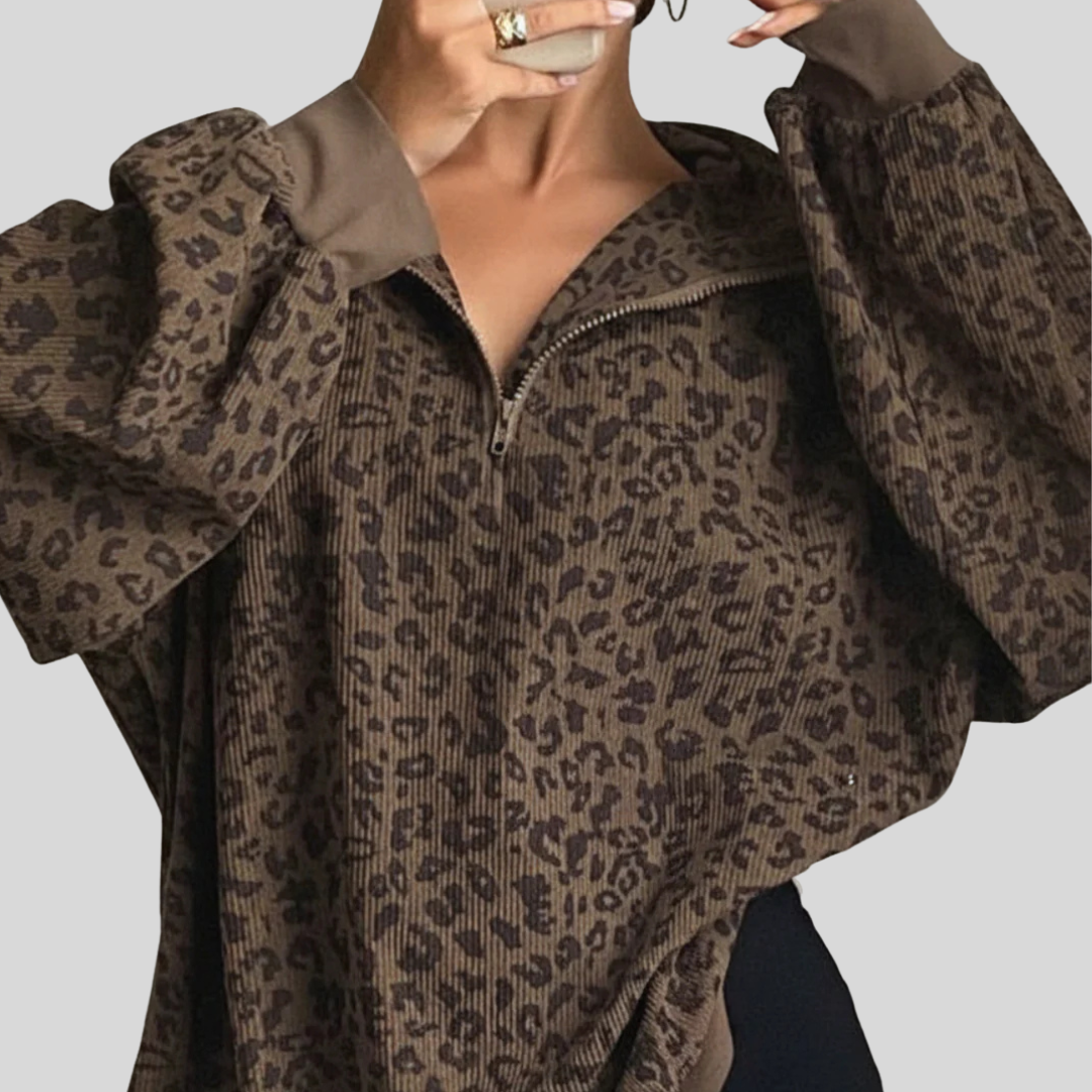 Comfy Women's Leopard Long Sleeve Zip Sweatshirt - OutfitLondon