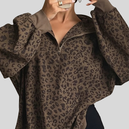Comfy Women's Leopard Long Sleeve Zip Sweatshirt - OutfitLondon