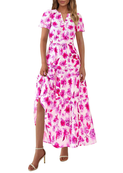 Casual Floral V Neck Flowy Beach Maxi Dress