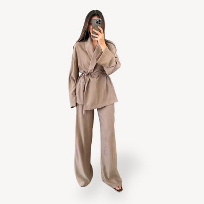 Relaxed Fit Wide Leg Linen Pants Set Women - OutfitLondon