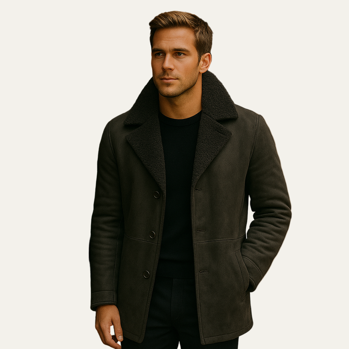 Men's Faux Suede Overcoat with Warm Shearling Inside