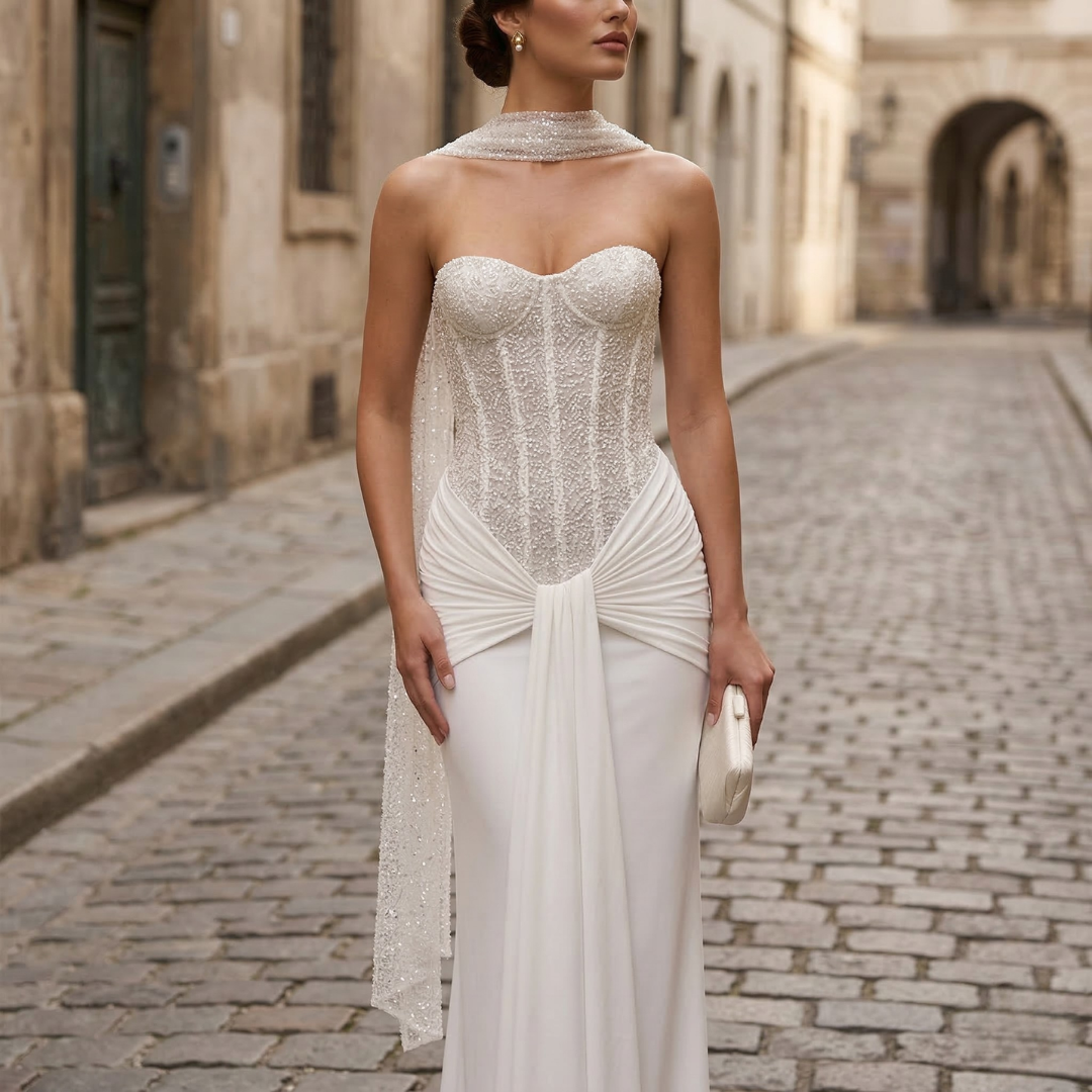 Elegant Lace Bridal Gown with Beaded Corset Mermaid Dress - OutfitLondon