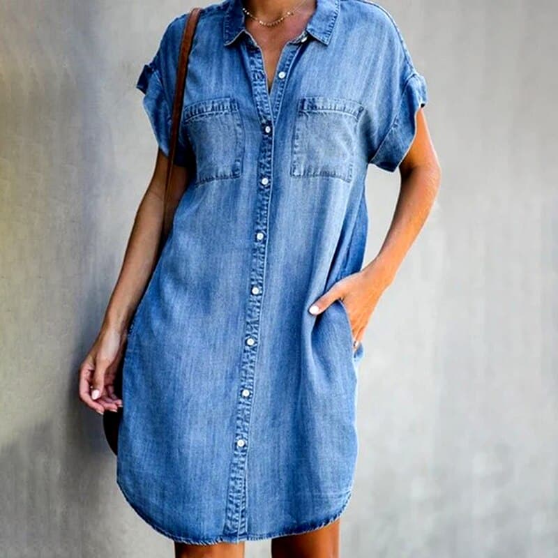 Relaxed Fit Denim Button Dress - OutfitLondon