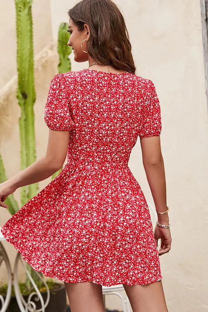 Pretty Flower V Neck Short Dress