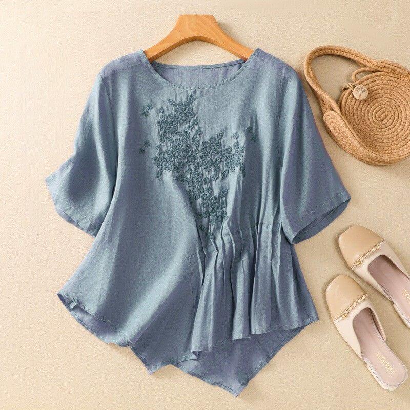 Comfortable Embroidered Crew Neck Casual Top - OutfitLondon