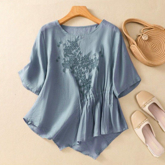 Comfortable Embroidered Crew Neck Casual Top - OutfitLondon