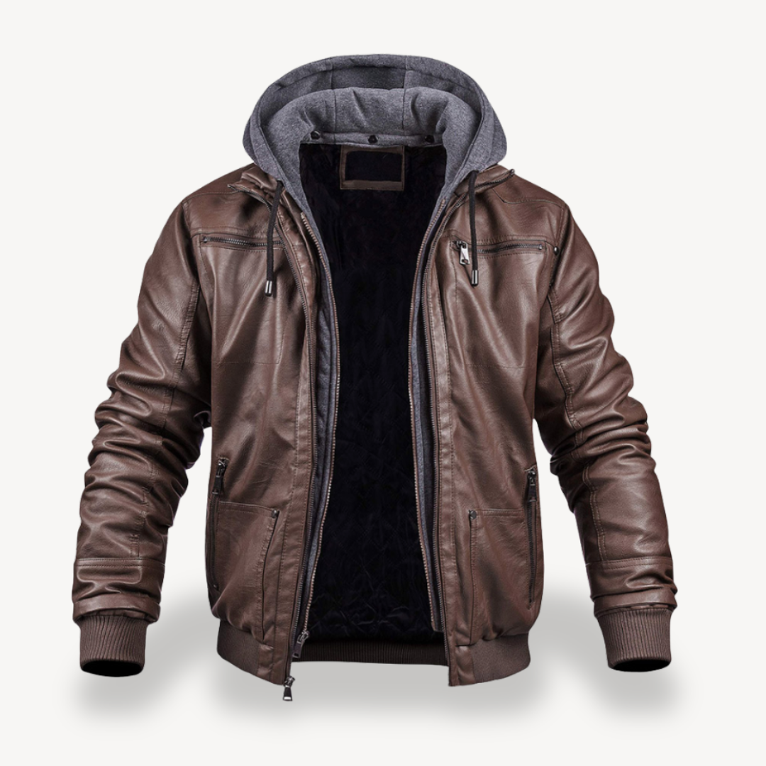 Men's Synthetic Leather Zip Jacket with Hood