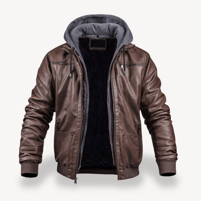 Men's Synthetic Leather Zip Jacket with Hood