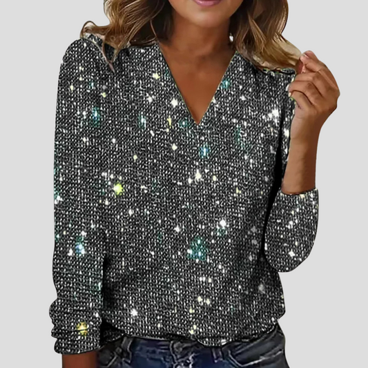 Sparkly Deep V Neck Long Sleeve Shirt - OutfitLondon