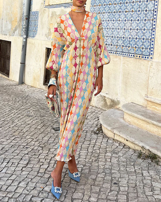 Bright Floral Long Dress with Puffy Sleeves - OutfitLondon
