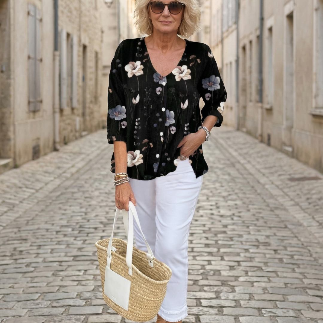 Pretty Floral Short Sleeve Relaxed Fit Blouse - OutfitLondon