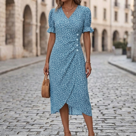 Elegant V-Neck Floral Midi Dress for Women - OutfitLondon
