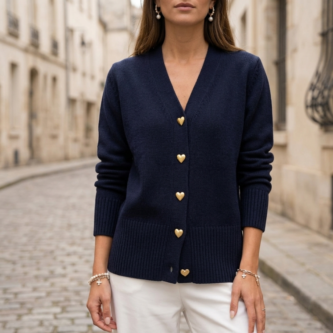 Soft V-Neck Cardigan Sweater with Heart Button - OutfitLondon