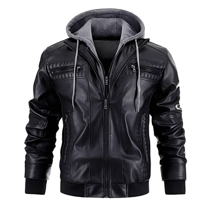 Vintage Biker Leather Jacket with Hood