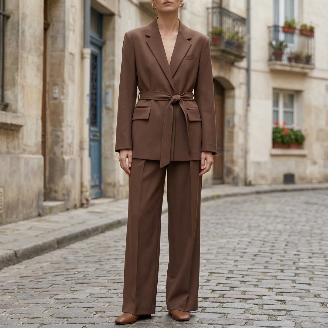 Classic Fit 2 Piece Pantsuit with Belted Jacket - OutfitLondon