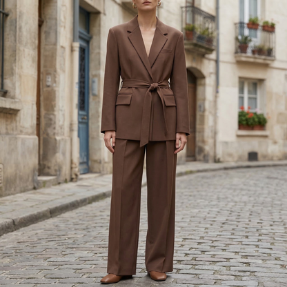 Classic Fit 2 Piece Pantsuit with Belted Jacket - OutfitLondon