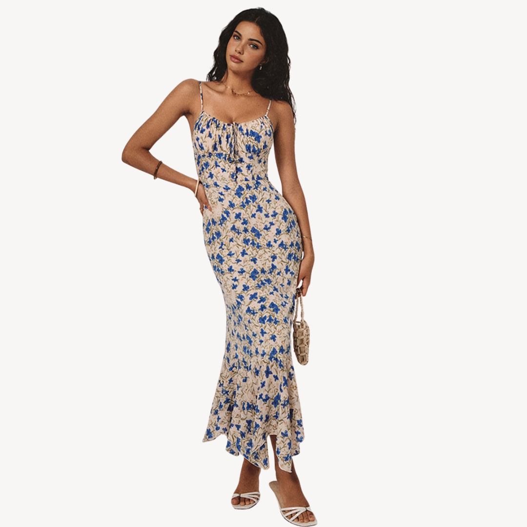 Lady's Navy and Cream Floral Long Dress - OutfitLondon