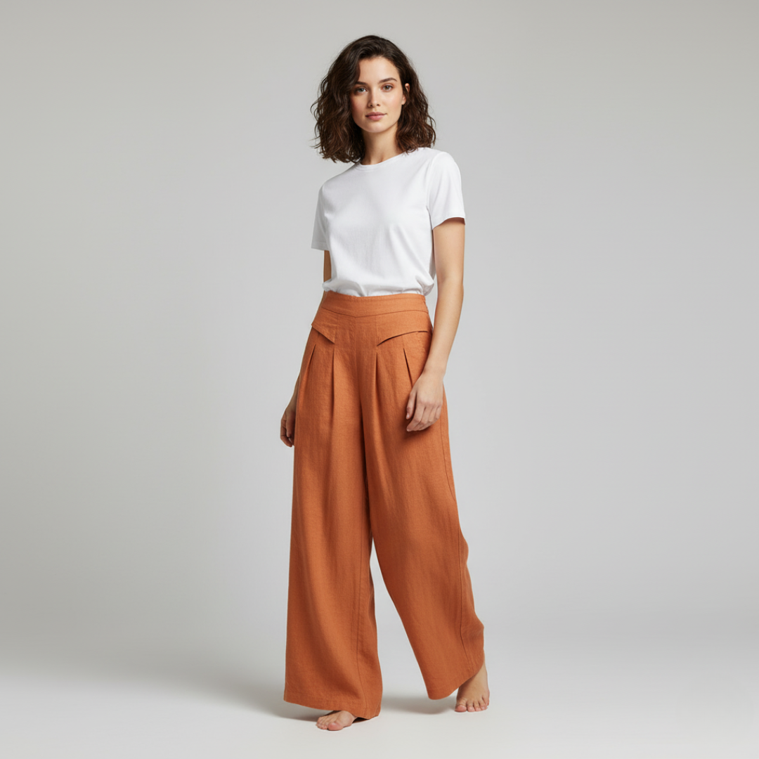 Relaxed Fit Beige Cotton Casual High Waist Trousers