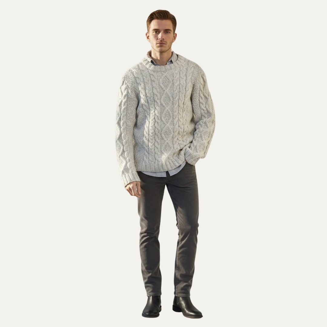 Thick Cable Knit Crew Neck Jumper Sweater - OutfitLondon