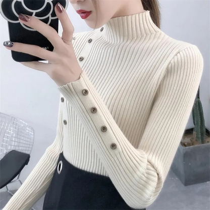 Soft Women's Crew Neck Knit Sweater with Buttons - OutfitLondon