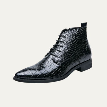 Men's Black Leather Alligator Print Ankle Boots - OutfitLondon
