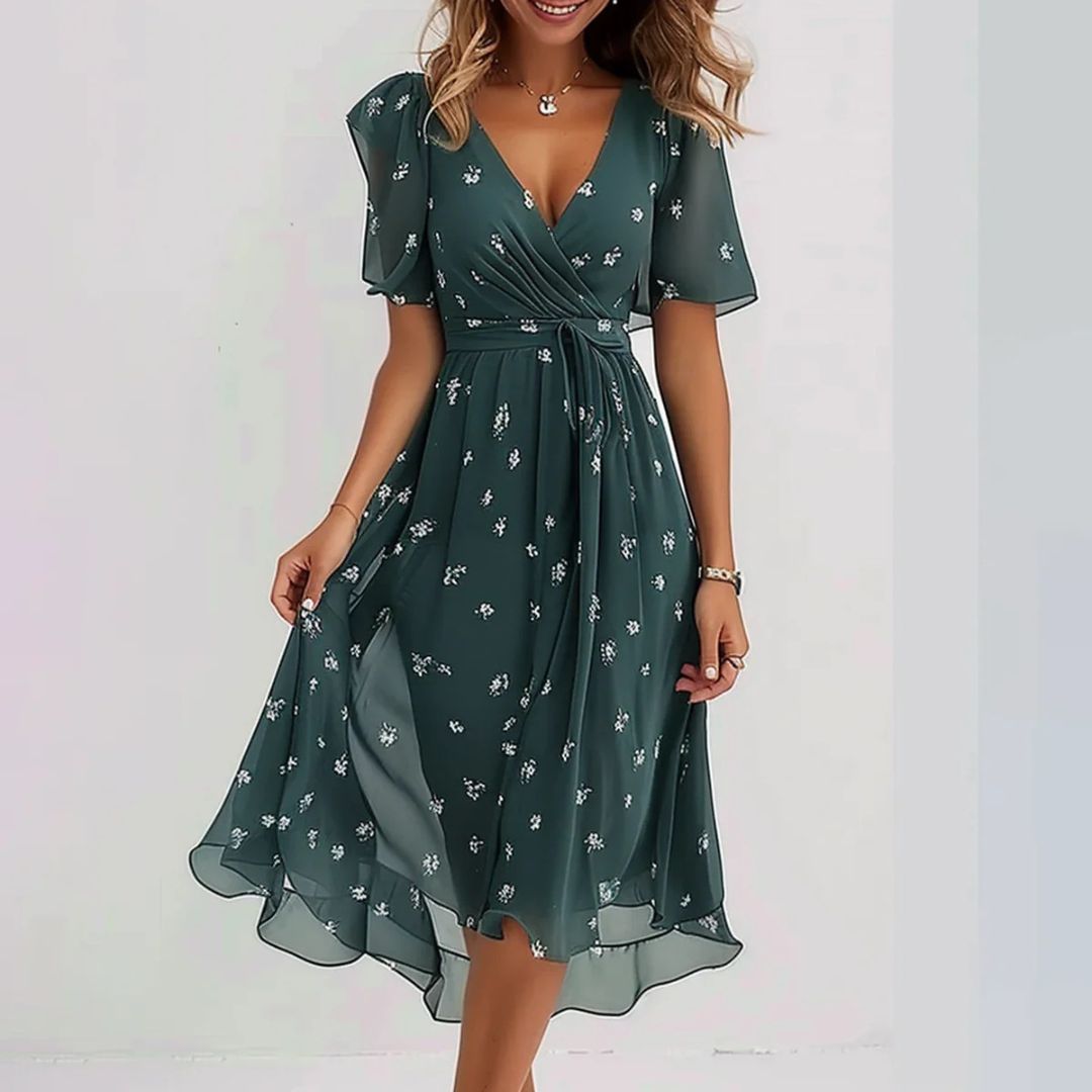 Elegant Green Floral Tea Length Dress - OutfitLondon