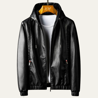 Men's Textured Synthetic Leather Hoodie Coat