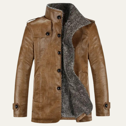 Men's Thermal Fleece Lined Leather Coat with High Collar - OutfitLondon