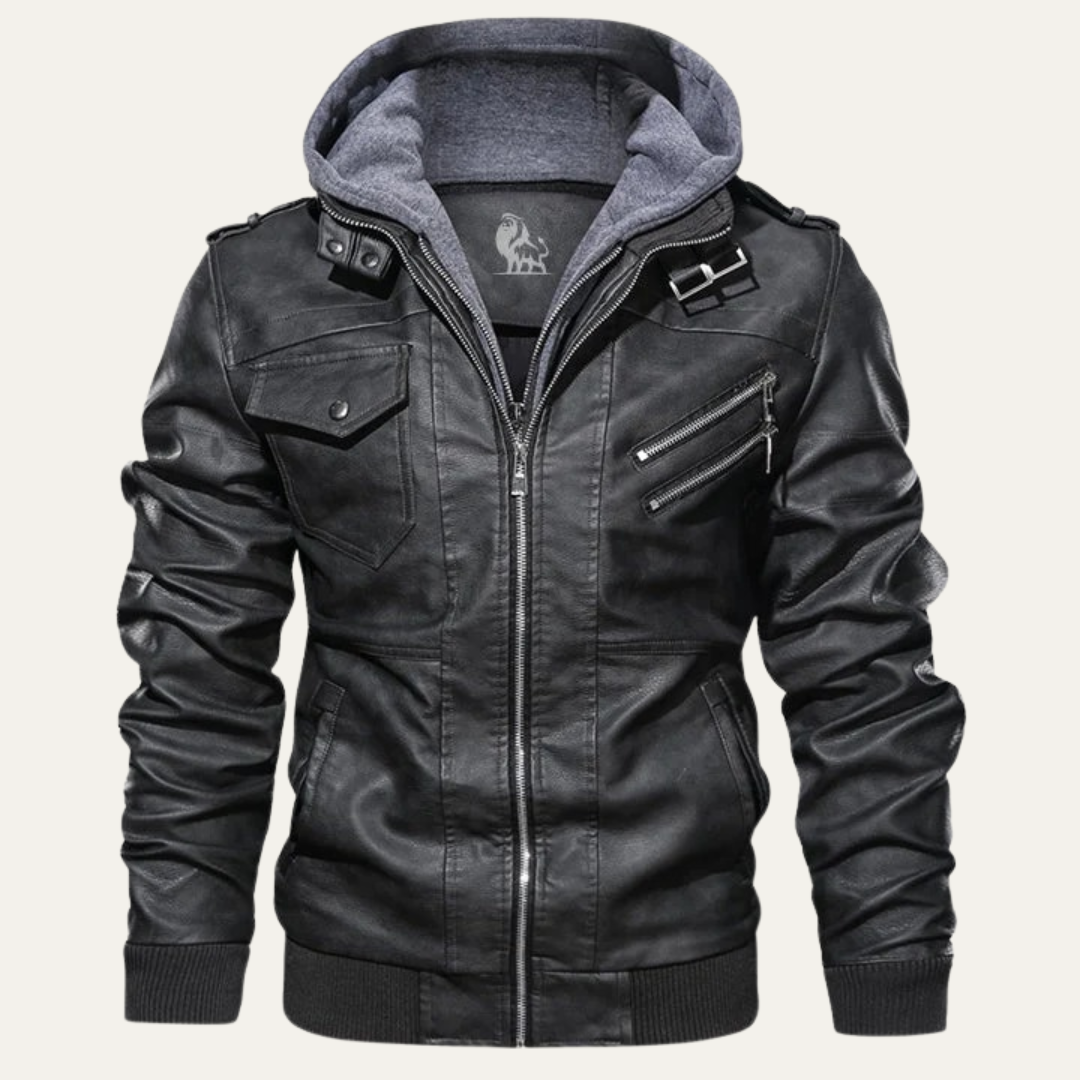 Men's Synthetic Biker Jacket with Detachable Hood - OutfitLondon