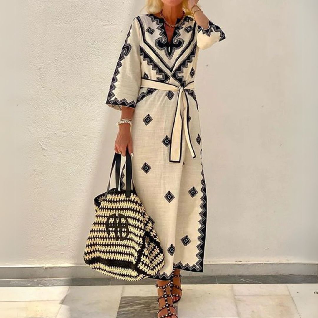 Ladies Long Embroidered V Neck Summer Dress - OutfitLondon