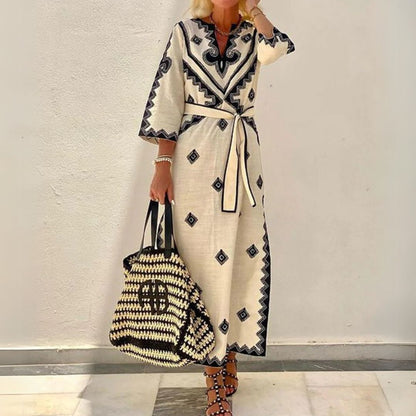 Ladies Long Embroidered V Neck Summer Dress - OutfitLondon
