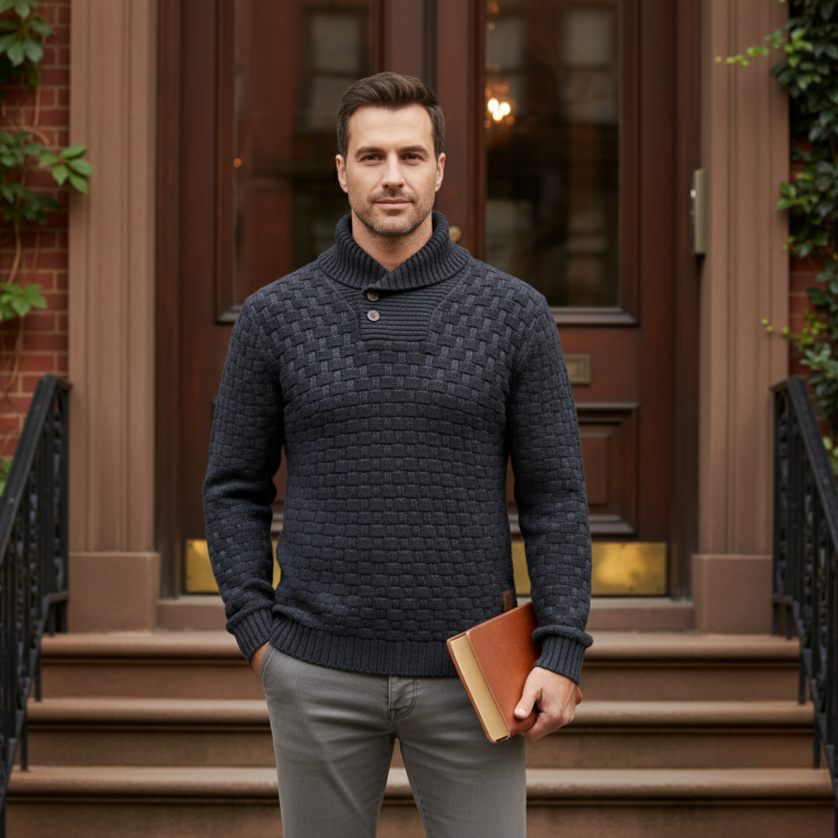 Classic Mens Thick Cable Knit Sweater with Buttons