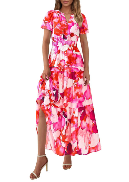 Casual Floral V Neck Flowy Beach Maxi Dress