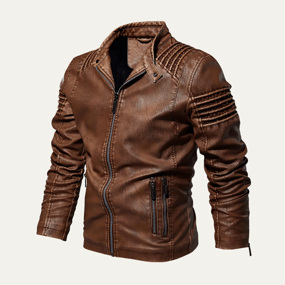 Men's Padded Leather Biker Jacket with Zip Collar - OutfitLondon
