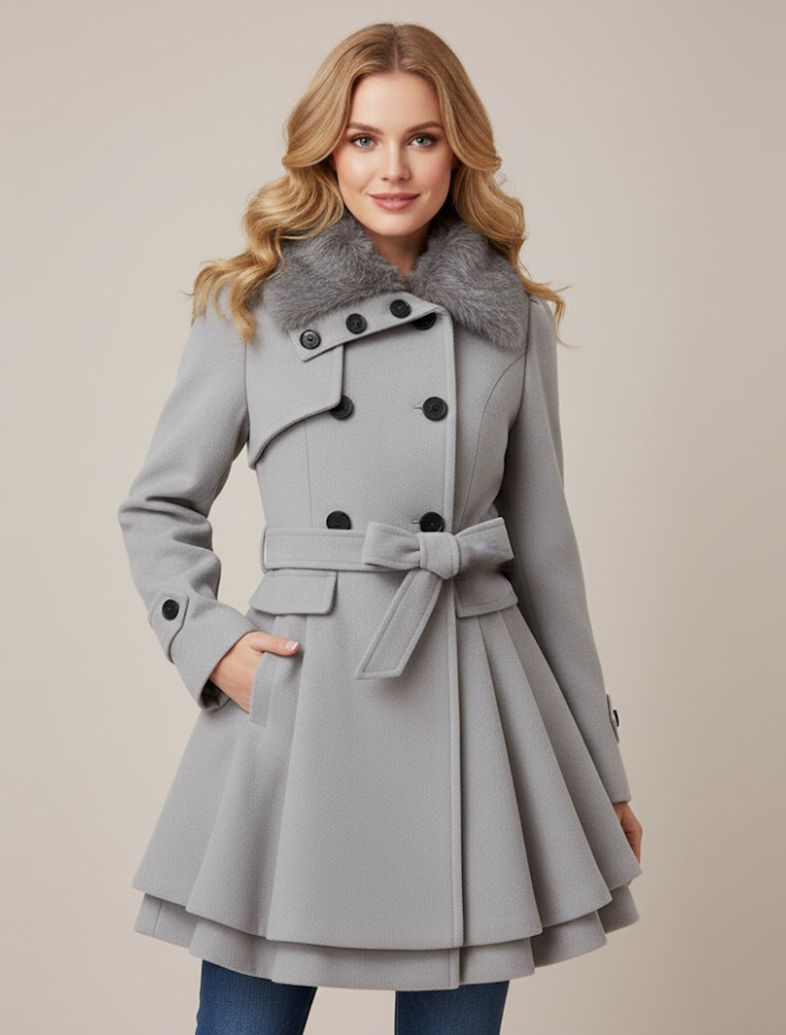 Ladies Long Faux Fur Belted Trench Coat