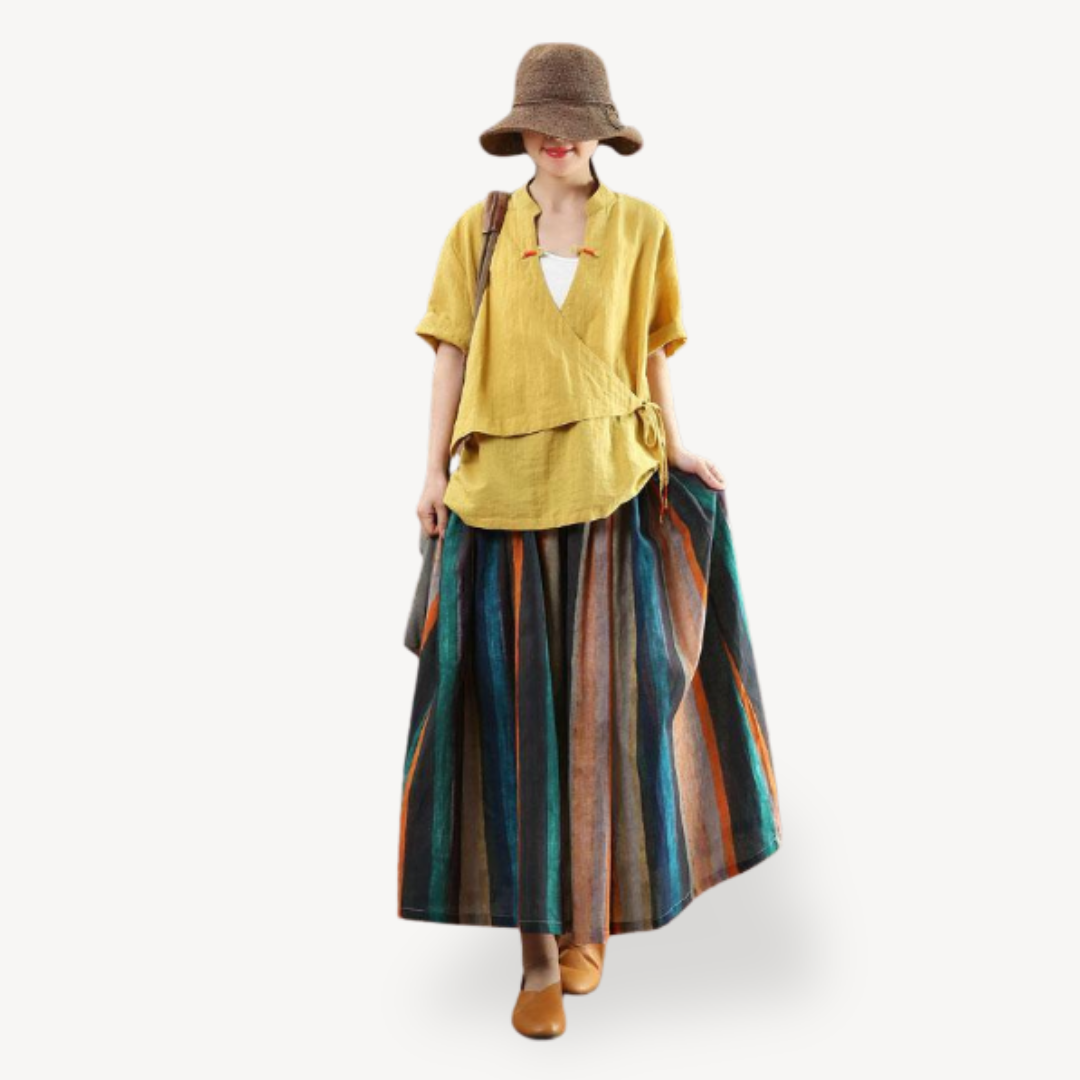 Classic Wide Stripe Flowy Maxi Skirt Cotton Blend