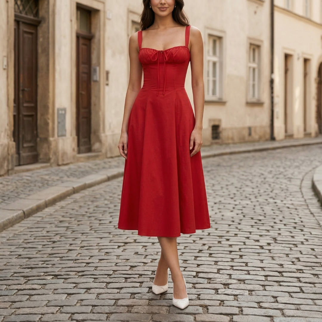 Casual Fit Summer Midi Dress with Square Neckline - OutfitLondon