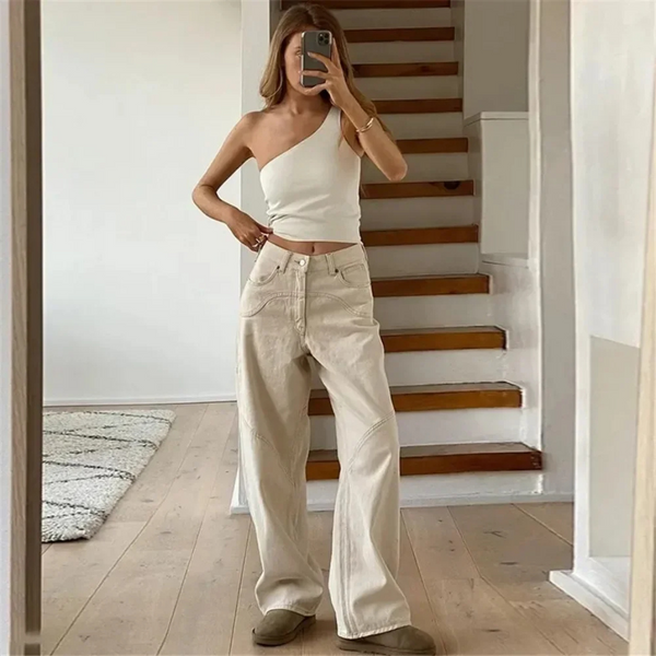 Comfortable Loose Fit Cream Trousers for Women - OutfitLondon