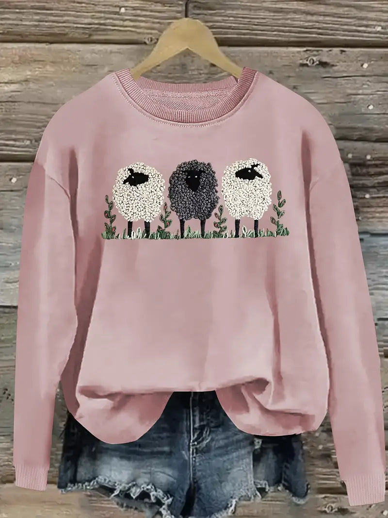 Soft Women's Crew Neck Sheep Pattern Sweater
